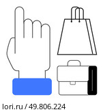 Stylized hand with blue cuff pointing up alongside a shopping bag and briefcase. Ideal for e-commerce, business, retail, shopping, office culture, digital interactions, marketing. Line metaphor. Simplified hand click, a shopping bag, and briefcase on a white background. Стоковая иллюстрация, агентство Ingram Publishing / Фотобанк Лори