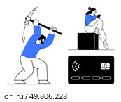 Person with pickaxe mining, another seated on a block using a smartphone, NFC-enabled credit card. Ideal for finance, crypto, technology, online transactions, digital security, fintech e-commerce. Characters Engaged in Cryptocurrency Mining and Digital Transactions with Modern Technology. Стоковая иллюстрация, агентство Ingram Publishing / Фотобанк Лори