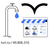 Faucet dripping water, online storefront with purses, black V shape. Ideal for e-commerce, water conservation, online shopping, digital marketing, smart design, environmental awareness web. Digital Shopping Experience Highlighted by Online Storefront with Blue Faucet Droplet. Стоковая иллюстрация, агентство Ingram Publishing / Фотобанк Лори