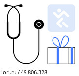 Medical stethoscope next to running icon and gift box wrapped with a blue ribbon. Ideal for themes of healthcare, fitness, wellbeing, positive diagnosis, patient care, medical gifts, health rewards. Medical Stethoscope, Running Icon, and Gift Box Representing Healthcare, Wellness, and Positive Outcomes. Стоковая иллюстрация, агентство Ingram Publishing / Фотобанк Лори