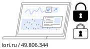 Laptop screen displaying data visualizations with charts and growth indicators. Two padlocks symbolize security. Ideal for data analysis, cybersecurity, business intelligence, technology, IT. Data Visualization and Security Locks Illustrating Secure Information Management. Стоковая иллюстрация, агентство Ingram Publishing / Фотобанк Лори