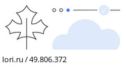 Black outlined leaf, light blue cloud, and digital interface elements with three dots and check mark. Ideal for nature themes, minimalistic designs, user interfaces, digital illustrations. Simplistic Leaf, Cloud, and Interface Elements in Minimalist Design Style. Стоковая иллюстрация, агентство Ingram Publishing / Фотобанк Лори