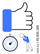 Thumbs-up gesture countdown stopwatch and person placing puzzle piece. Ideal for punctuality, achievement, motivation, precision, time management, problem-solving, organization. Line metaphor. Thumbs Up, Stopwatch, and Person Placing a Puzzle Piece to Emphasize Timing and Success. Стоковая иллюстрация, агентство Ingram Publishing / Фотобанк Лори