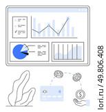 Dashboard with bar graphs, pie chart, line chart. Hand receiving money, digital card, plant. Ideal for business analysis, financial reports, data visualization online transactions fintech finance. Dashboard with Financial Charts and Digital Payment Transfer Illustration for Business Analysis. Стоковая иллюстрация, агентство Ingram Publishing / Фотобанк Лори