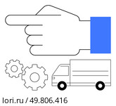 Hand pointing left with blue sleeve, delivery truck, and two gears. Ideal for logistics, workflow, delivery services, business management, process optimization industry and teamwork concepts. Line. Hand Pointing Left with Delivery Truck and Gears Signifying Logistics and Workflow Management. Стоковая иллюстрация, агентство Ingram Publishing / Фотобанк Лори