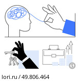 Hand untangling brain illustrating problem-solving and clarity, hand holding keys symbolizing access, briefcase with chart representing growth and success. Ideal for mental clarity, leadership. Conceptual Visuals of Problem Solving, Leadership, and Keys to Success. Стоковая иллюстрация, агентство Ingram Publishing / Фотобанк Лори