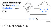 Lightbulb, cloud with raindrops, abstract lines and circles. Ideal for creative ideas, technology, innovation, thought processes, weather, simplicity, digital projects Landing page. Minimalist Digital Graphic Featuring Lightbulb and Cloud with Raindrops for Creative and Tech Themes. Стоковая иллюстрация, агентство Ingram Publishing / Фотобанк Лори