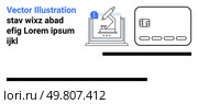 Microscope on a computer screen with informational icon and credit card illustration. Ideal for science, research, e-commerce, technology, online payments, financial transactions, digital content. Laboratory Research Equipment and Credit Card Design Accompanied by Sample Text Elements. Стоковая иллюстрация, агентство Ingram Publishing / Фотобанк Лори