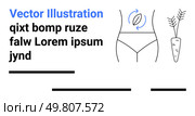 Female torso with digestive arrow and carrot symbolizes healthy eating for wellness. Ideal for nutrition, diet, wellness, healthy lifestyle, gastrointestinal health, detox programs, natural remedies. Healthy Eating for Digestive Health Featuring Female Torso with Carrot and Wellness Icons. Стоковая иллюстрация, агентство Ingram Publishing / Фотобанк Лори