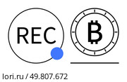 Bitcoin coin symbol next to REC inside a circle with a blue dot. Ideal for finance, blockchain, digital currency, fintech, trading, investment, technology themes. Line metaphor. Cryptocurrency Recording Concept with Bitcoin Symbol and Recording Icon in Minimalist Design. Стоковая иллюстрация, агентство Ingram Publishing / Фотобанк Лори