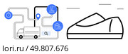 Delivery vehicle navigating supply chain map with icons for factory, warehouse, and timer. Line drawing of a shoe. Ideal for logistics, supply chain management, delivery tracking, manufacturing. Supply Chain Logistics and Delivery Tracking with Product Lifecycle in Illustrated Concept. Стоковая иллюстрация, агентство Ingram Publishing / Фотобанк Лори