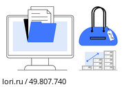 Computer monitor with folder and documents, handbag with price tag, and chart with boxes. Ideal for business, shopping, technology, organization, retail data management e-commerce. Line metaphor. Organizing digital files, price tagging handbag, and analyzing data storage solutions. Стоковая иллюстрация, агентство Ingram Publishing / Фотобанк Лори