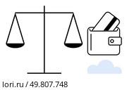 Scales tipped to one side next to a wallet containing a card and a small cloud. Ideal for finance, budgeting, wealth management, economic balance, cost-benefit analysis, financial planning, personal. Balancing Finances Scales Weighing Financial Decisions with Wallet and Card. Стоковая иллюстрация, агентство Ingram Publishing / Фотобанк Лори