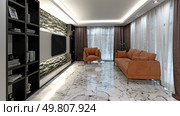 Cozy living room with orange sofas, marble flooring, black bookshelves, and stone wall decor. 3d render. living room with orange sofas, marble flooring, black bookshelves, and stone wall decor. Стоковое фото, агентство Ingram Publishing / Фотобанк Лори