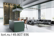 Modern open-concept living space with a green kitchen island, black leather sofa, and glass partitions. 3d render. Modern open-concept living space with a green kitchen island, Стоковое фото, агентство Ingram Publishing / Фотобанк Лори