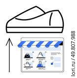 Shoe placed above a tablet screen displaying online shopping for bags. Ideal for e-commerce, online retail, shopping apps, digital marketplace, product listings, web, v10 commerce, fashion retail. Line. E-commerce Shoe Store with Online Shopping Bag Selections and Upward Arrow. Стоковая иллюстрация, агентство Ingram Publishing / Фотобанк Лори