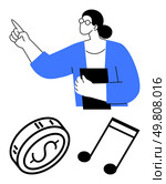 Businessperson pointing with one hand and holding a folder. Music note and coin symbol included. Ideal for business, finance, education, presentations, strategy, music and motivation. Line metaphor. Person pointing with notes and coin, illustrating business, finance, and education themes. Стоковая иллюстрация, агентство Ingram Publishing / Фотобанк Лори