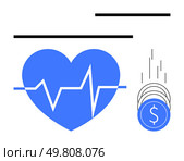 Blue heart with ECG line represents healthcare intersected by horizontal lines. Money coins dropping vertically beside. Ideal for medical costs, insurance, health finance, budgeting, investment. Heartbeat inside blue heart with money coins dropping vertically beside on white background. Стоковая иллюстрация, агентство Ingram Publishing / Фотобанк Лори