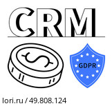 CRM text with coin symbol and GDPR shield icon. Ideal for business management, data security, client relations, financial tracking, regulatory compliance, digital marketing, IT. Line metaphor. Customer Relationship Management CRM with Emphasis on Financial and GDPR Compliance. Стоковая иллюстрация, агентство Ingram Publishing / Фотобанк Лори