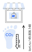 Storefront shopping bag carbon footprint CO2 symbol, arrows. Ideal for sustainability, climate change, eco-friendly, responsible shopping, carbon reduction, environmental impact, sustainable. Reducing Carbon Footprint Sustainable Shopping and Environmental Awareness. Стоковая иллюстрация, агентство Ingram Publishing / Фотобанк Лори