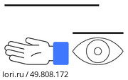 Hand extended towards an eye with two parallel lines above, one blue element. Ideal for communication, assistance, vision, teamwork, connection, openness aid themes. Line metaphor. Hand Reaching Out with Eye and Lines - Vision, Help, and Connectivity Concept in Minimalist Style. Стоковая иллюстрация, агентство Ingram Publishing / Фотобанк Лори