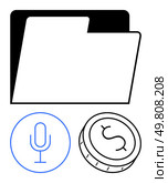 Folder representing document storage, coin depicting finance, microphone signifying communication and podcasts. Ideal for business, finance, communication strategies, saving, data management, audio. Document folder with a coin and microphone nearby symbolizing finance and communication. Стоковая иллюстрация, агентство Ingram Publishing / Фотобанк Лори