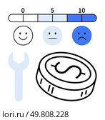 Scale from 0 to 10 with three emoticons representing satisfaction levels. Includes wrench for tools and services and coin for financial aspects. Ideal for customer feedback, satisfaction metrics. Customer Satisfaction Scale with Emoticons and Financial Elements Highlighting Feedback Levels. Стоковая иллюстрация, агентство Ingram Publishing / Фотобанк Лори