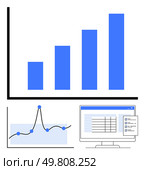 Bar chart line chart, computer screen with spreadsheet reflect business growth, data analysis, technology, finance, performance tracking, and strategy development. Ideal for reports, infographics. Growth and Analysis Elevating Business Insights Through Data Visualization. Стоковая иллюстрация, агентство Ingram Publishing / Фотобанк Лори