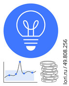 Light bulb symbol for creativity graph for data insight stack of coins for financial growth. Ideal for innovation, finance, business, strategy, analytics, investment, technology. Line metaphor. Innovative Ideas for Financial Growth and Data Analysis Success. Стоковая иллюстрация, агентство Ingram Publishing / Фотобанк Лори