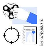 Hand spinning a fidget spinner, target icon, and notebook with prayer hands. Ideal for concentration, stress relief, mental focus, goal setting, attention mindfulness planning. Line metaphor. Hand Spinning Fidget Spinner with Target Icon and Notebook Highlighting Focus and Organization. Стоковая иллюстрация, агентство Ingram Publishing / Фотобанк Лори