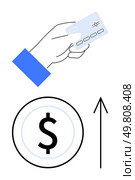 Hand holding a credit card, a circle with a dollar sign, and an upward arrow. Ideal for financial growth, banking, transactions, credit management, business success, market trends and investment. Hand Holding Credit Card with Currency Symbol and Upward Arrow Showing Financial Growth. Стоковая иллюстрация, агентство Ingram Publishing / Фотобанк Лори