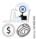 Head with AI chip inside placed against laptop screen. Dollar sign and coin underneath. Ideal for AI, finance, technology, innovation, digital payments, financial growth and automation. Line. AI Integration in Finance Brain with AI Chip, Laptop, Dollar Sign, and Coin Illustration. Стоковая иллюстрация, агентство Ingram Publishing / Фотобанк Лори