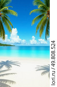 Soft sands meet sparkling turquoise waters beneath a vibrant sky scattered with fluffy clouds. Lush palm trees provide shade, creating a serene haven on this idyllic beach Generative AI. Стоковое AI-изображение, AI-художник Юлия Петровская / Фотобанк Лори