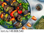 Delicious grilled meat skewers garnished with fresh vegetables, deer skewers. Venison meat. Flat lay. Deer or roe skewers or kebabs. Стоковое фото, агентство Ingram Publishing / Фотобанк Лори