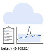 Cloud checklist graph symbolize technology organization growth analytics data productivity. Ideal for business, planning, technology, statistics, goal-setting, performance, reporting. Line. Data Analysis and Cloud Computing with Growth Metrics and Organized Task Management. Стоковая иллюстрация, агентство Ingram Publishing / Фотобанк Лори
