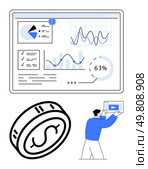 Data analytics dashboard including pie chart, graphs, and checklist large coin with dollar sign person holding a tablet with play button. Ideal for finance, business growth, investment analysis. Data Analytics Dashboard with Financial Icons and Person Holding a Tablet with Play Button. Стоковая иллюстрация, агентство Ingram Publishing / Фотобанк Лори