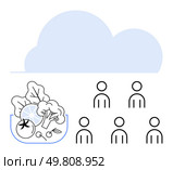 Bowl of vegetables cloud shape, and group of people. Ideal for health, wellness, community, digital connectivity, diet, nutrition, teamwork. Line metaphor. Healthy Eating Concept with Community and Cloud Network for Improved Wellness. Стоковая иллюстрация, агентство Ingram Publishing / Фотобанк Лори