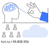 Brain with tangled lines hand untangling five figures, and cloud. Ideal for collaboration, teamwork, mental clarity, problem-solving, brainstorming, technology, and cloud computing. Line metaphor. Unraveling Mental Complexity with Team Collaboration and Cloud Solutions. Стоковая иллюстрация, агентство Ingram Publishing / Фотобанк Лори