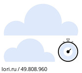 Two blue cloud shapes and round stopwatch. Ideal for time management, efficiency, digital storage, punctuality, technology, precision, data backup. Line metaphor. Cloud Symbols with Stopwatch in Minimalist Design Conveying Timeliness and Efficiency. Стоковая иллюстрация, агентство Ingram Publishing / Фотобанк Лори