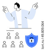 Person giving directions six outlined people, blue shield with lock. Ideal for leadership, security, teamwork, communication, guidance, protection, organization. Line metaphor. Leadership and Team Security with Person Giving Directions and Shield Lock Icon. Стоковая иллюстрация, агентство Ingram Publishing / Фотобанк Лори