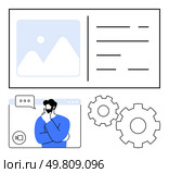Business professional pondering during a video call, web, v09site interface with image and text placement, and two rotating gears. Ideal for business planning, tech solutions, consulting, digital. Business professional puzzled during video call, web, v09site elements and rotating gears representing complex decision. Стоковая иллюстрация, агентство Ingram Publishing / Фотобанк Лори