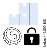 Growth chart with rising bars, a dollar coin, and a padlock. Ideal for business growth, financial planning, security, investment, savings economic stability risk management. Line metaphor. Growth chart with dollar coin and lock representing financial security and progress. Стоковая иллюстрация, агентство Ingram Publishing / Фотобанк Лори