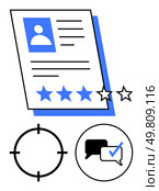 Candidate profile with 4-star rating, target and speech bubble icons with check mark. Ideal for performance evaluation, recruitment, competence analysis, feedback systems, HR analytics, skill. Candidate Profile with Rating Stars, Target and Communication Icons Representing Feedback and Evaluation. Стоковая иллюстрация, агентство Ingram Publishing / Фотобанк Лори