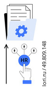 Folder with documents, highlighted gear symbol, and HR interaction symbolize data management, efficiency, workforce connectivity, process optimization, digital transformation, leadership advancement. HR Management and Data Strategy Streamlining Employee Processes. Стоковая иллюстрация, агентство Ingram Publishing / Фотобанк Лори