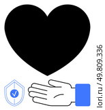 Heart above open hand and shield. Ideal for themes of love, care, security, trust, protection, support, and kindness. Line metaphor. Heart Above Open Hand with Shield Symbolizing Care, Trust, and Protection. Стоковая иллюстрация, агентство Ingram Publishing / Фотобанк Лори