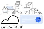 Solar panel-equipped houses and buildings, cloud symbol, and blue checkmark within a rectangle. Ideal for sustainability, smart cities, renewable energy, technology, cloud storage, environmental. Sustainable Smart City with Solar-Powered Homes and Cloud Data Integration Illustration. Стоковая иллюстрация, агентство Ingram Publishing / Фотобанк Лори