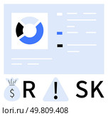 Risk analysis dashboard displaying pie chart and financial metrics. Words Risk highlighted by money bag and alert symbol. Ideal for finance, business, decision making, strategy, analysis, investment. Risk Analysis Dashboard with Pie Chart and Financial Metrics Alerting Potential Dangers. Стоковая иллюстрация, агентство Ingram Publishing / Фотобанк Лори