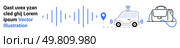Stylized text, sound waves, location pin, vehicle with wireless signals, and connected backpack. Ideal for tech, IoT, smart devices, navigation, wireless communication, transportation education. Modern Connected Devices and IoT Concepts with Waveforms and Coordinates Elements. Стоковая иллюстрация, агентство Ingram Publishing / Фотобанк Лори