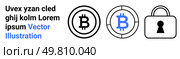 Bitcoin symbols inside outlined and blue circles next to a lock icon, accompanied by random Latin text. Ideal for blockchain, cryptocurrencies, internet security, fintech, digital wallets. Bitcoin Symbol in Circles and Security Padlock with Random Latin Text in Blue and Black Colors. Стоковая иллюстрация, агентство Ingram Publishing / Фотобанк Лори