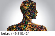 Consumer goods growing like tumors on a human figure. Symbol of a major environmental problem caused by urban overconsumption waste. Abstract image. Стоковое AI-изображение, AI-художник ALLA YURTAYEVA / Фотобанк Лори